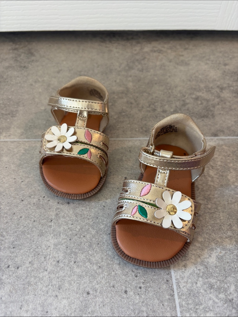 wonder nation Metallic Gold Daisy Strap Sandals with Pink & Green Accents